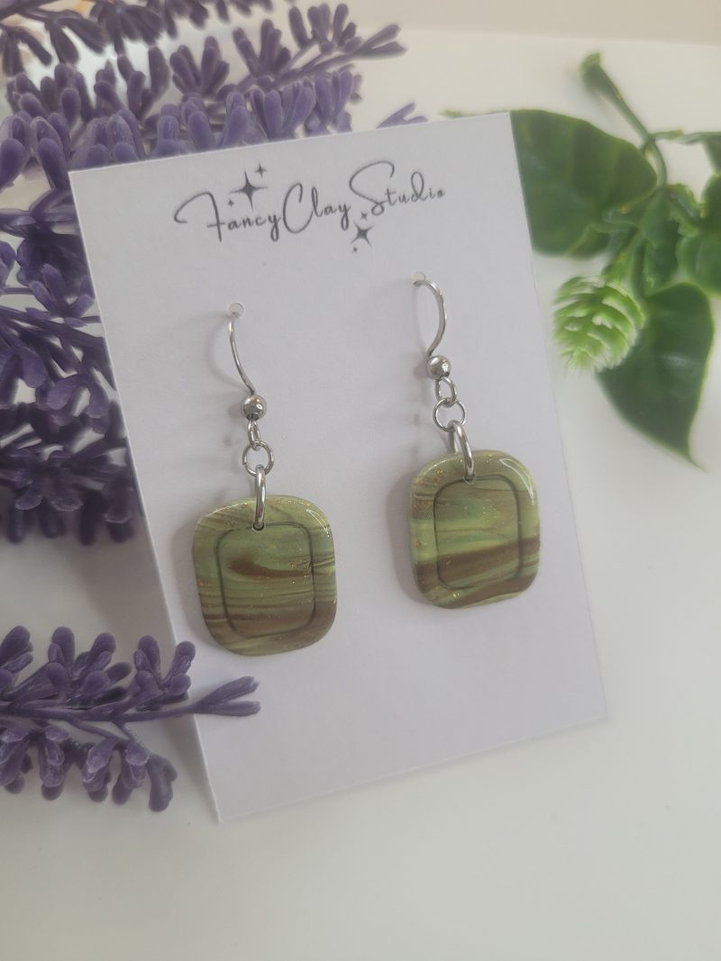 Marble olive green dangle drop earrings