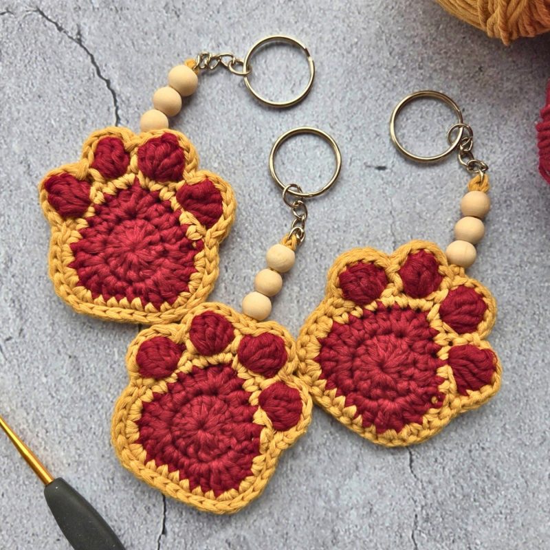Crochet Paw Print Keyring With Wooden Beads, Various Colours