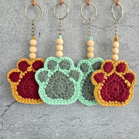 Crochet Paw Print Keyring With Wooden Beads, Various Colours