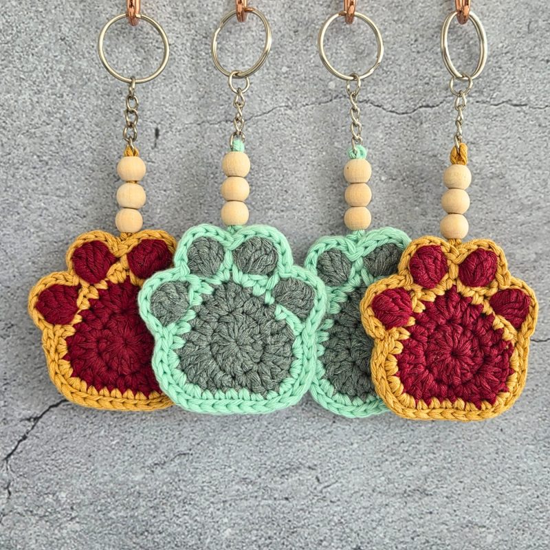 Crochet Paw Print Keyring With Wooden Beads, Various Colours