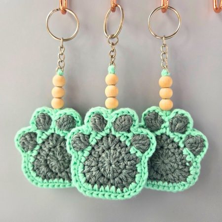 Crochet Paw Print Keyring With Wooden Beads, Various Colours