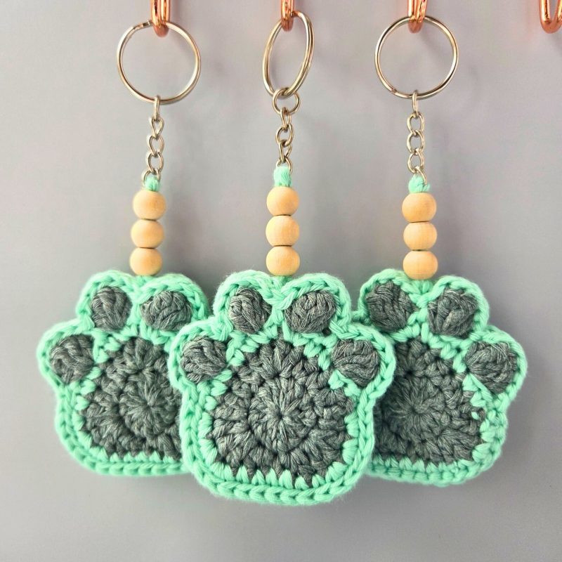 Crochet Paw Print Keyring With Wooden Beads, Various Colours