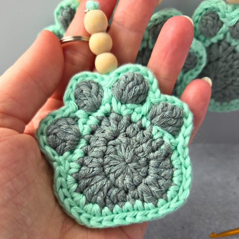 Crochet Paw Print Keyring With Wooden Beads, Various Colours