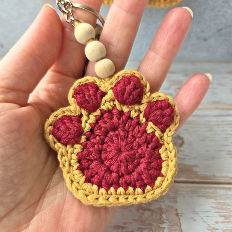 Crochet Paw Print Keyring With Wooden Beads, Various Colours