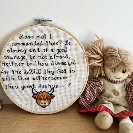 Hand-Stitched Highland Cow Hoop Art | Joshua 1:9 Bible Verse, Christian Nursery Decor