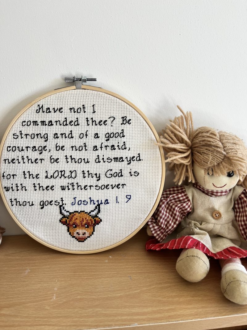 Hand-Stitched Highland Cow Hoop Art | Joshua 1:9 Bible Verse, Christian Nursery Decor