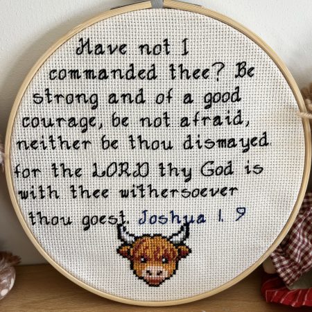 Hand-Stitched Highland Cow Hoop Art | Joshua 1:9 Bible Verse, Christian Nursery Decor