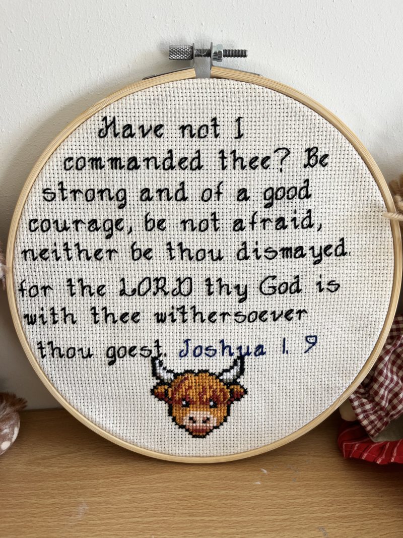 Hand-Stitched Highland Cow Hoop Art | Joshua 1:9 Bible Verse, Christian Nursery Decor