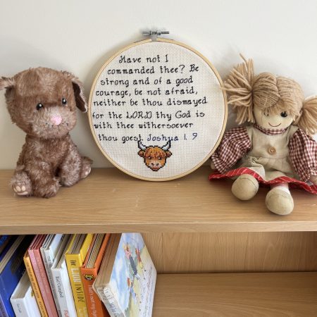 Hand-Stitched Highland Cow Hoop Art | Joshua 1:9 Bible Verse, Christian Nursery Decor