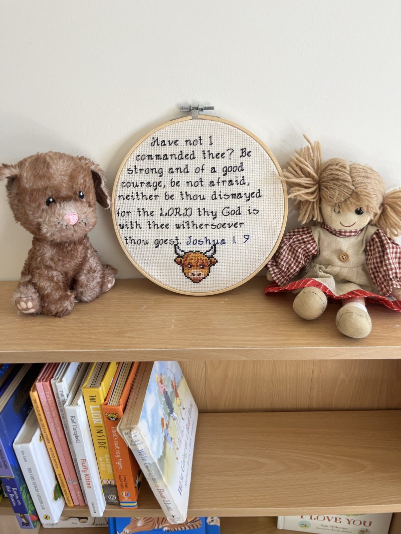 Hand-Stitched Highland Cow Hoop Art | Joshua 1:9 Bible Verse, Christian Nursery Decor