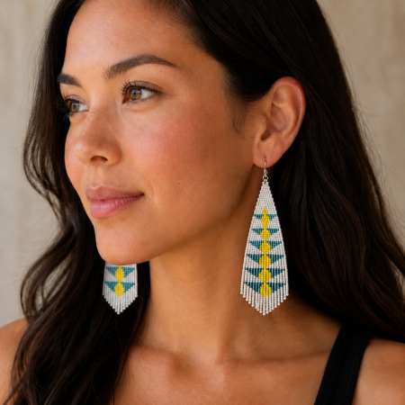 White Beaded Handmade Fringe Earrings, Boho Statement Earrings, Gift for Her