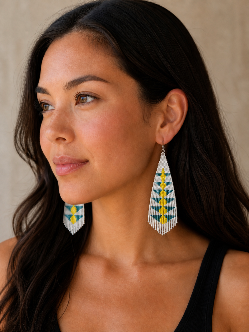 White Beaded Handmade Fringe Earrings, Boho Statement Earrings, Gift for Her