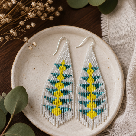 White Beaded Handmade Fringe Earrings, Boho Statement Earrings, Gift for Her