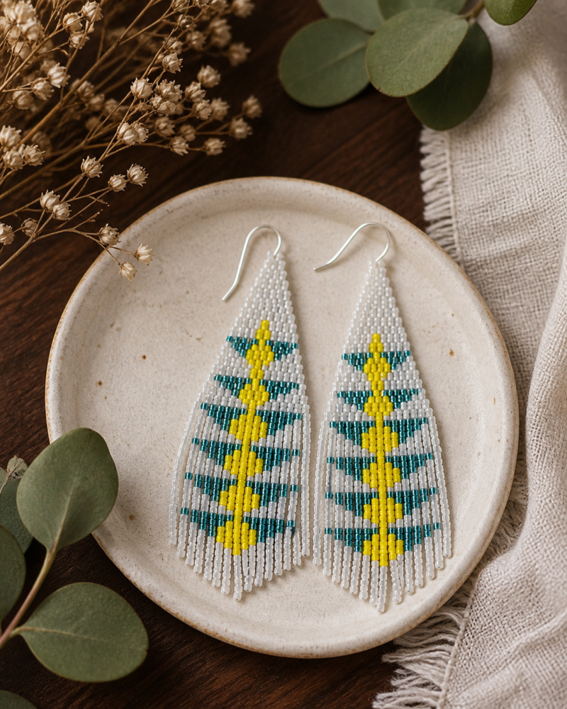White Beaded Handmade Fringe Earrings, Boho Statement Earrings, Gift for Her