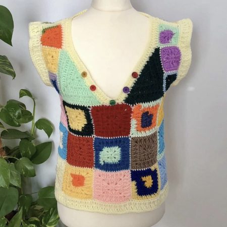 Handmade Crochet Patchwork Granny Square Vest Top | S/M Unisex V-Neck