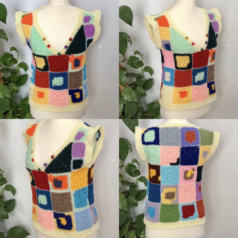 Handmade Crochet Patchwork Granny Square Vest Top | S/M Unisex V-Neck
