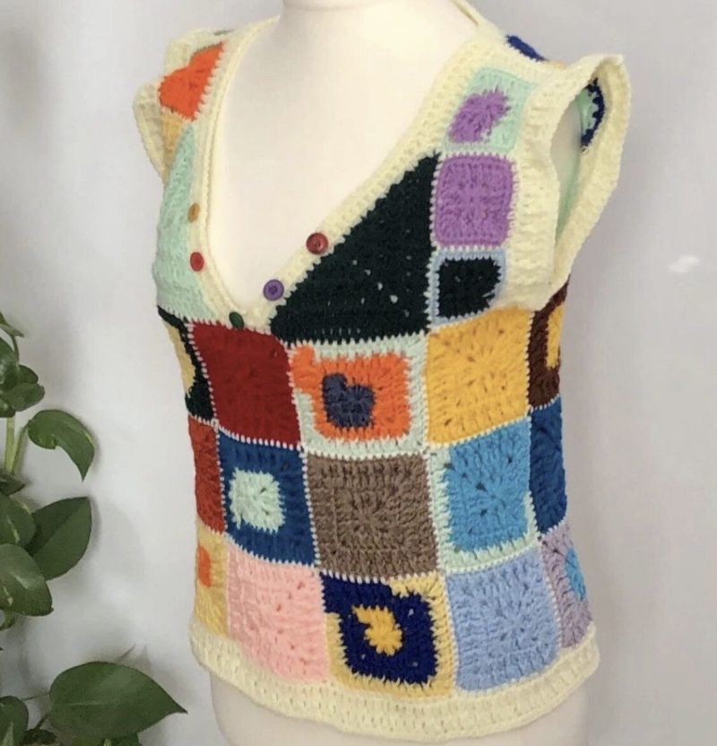 Handmade Crochet Patchwork Granny Square Vest Top | S/M Unisex V-Neck
