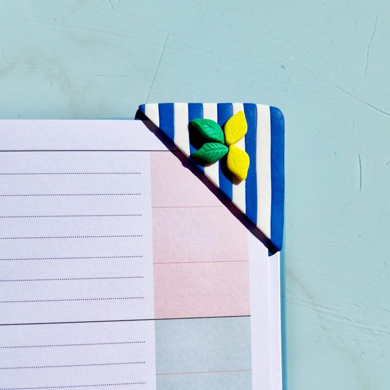 Corner Bookmark, Stripy Summer Vibe, Blue-White, Lemon