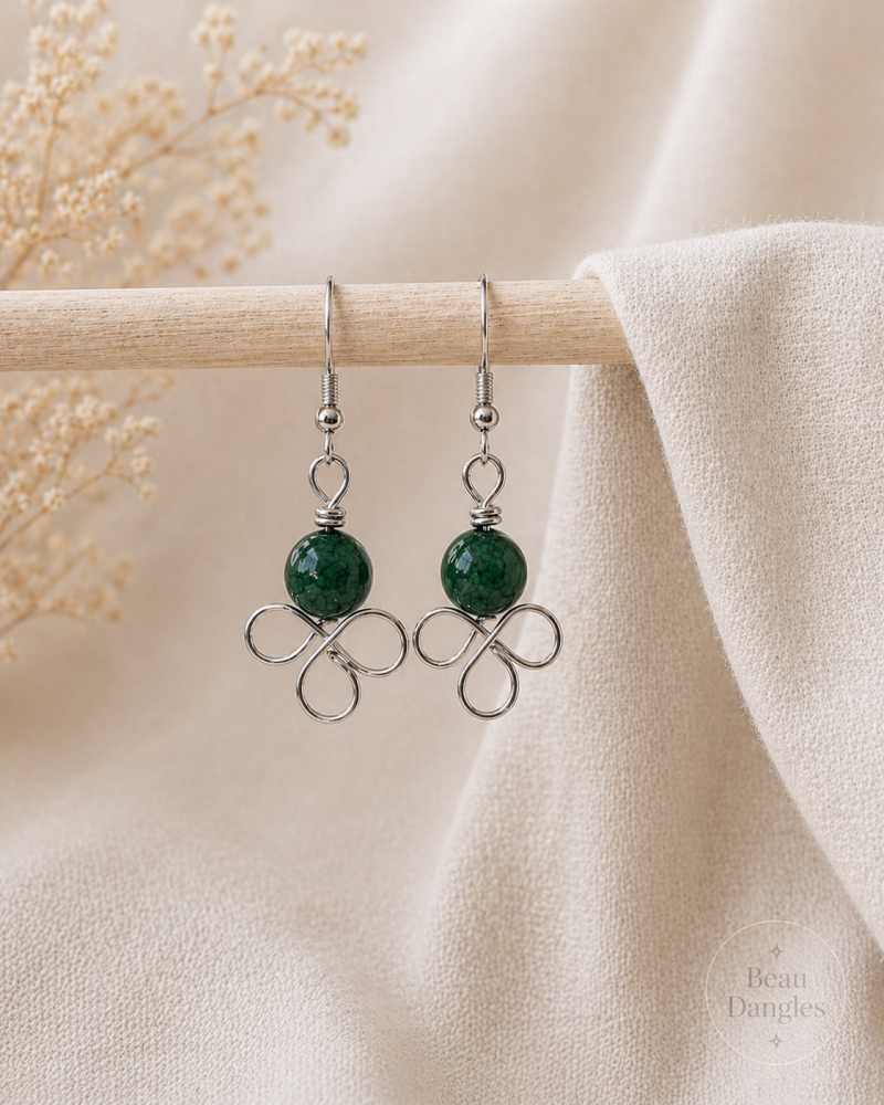 Dragon Agate Trefoil Earrings | Handmade Crystal Earrings with Stainless Steel Hooks