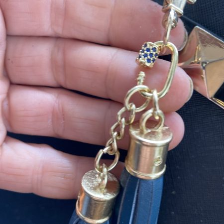 Blue cubic zirconia and blue italian leather and gold bag charm or keyring or bridesmaids favour.