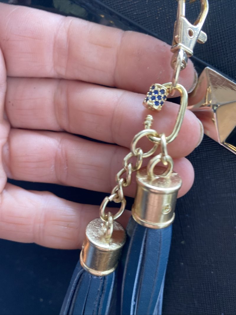 Blue cubic zirconia and blue italian leather and gold bag charm or keyring or bridesmaids favour.