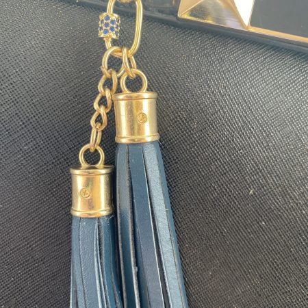 Blue cubic zirconia and blue italian leather and gold bag charm or keyring or bridesmaids favour.