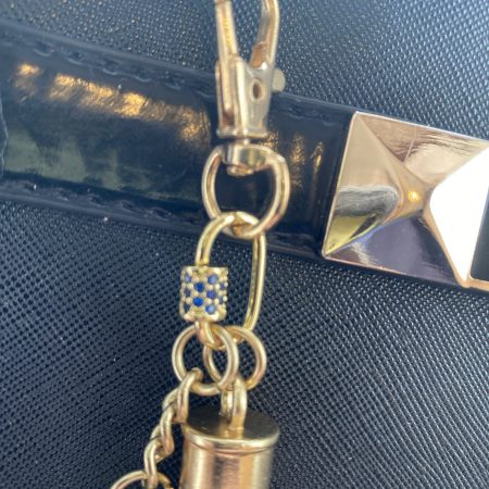Blue cubic zirconia and blue italian leather and gold bag charm or keyring or bridesmaids favour.