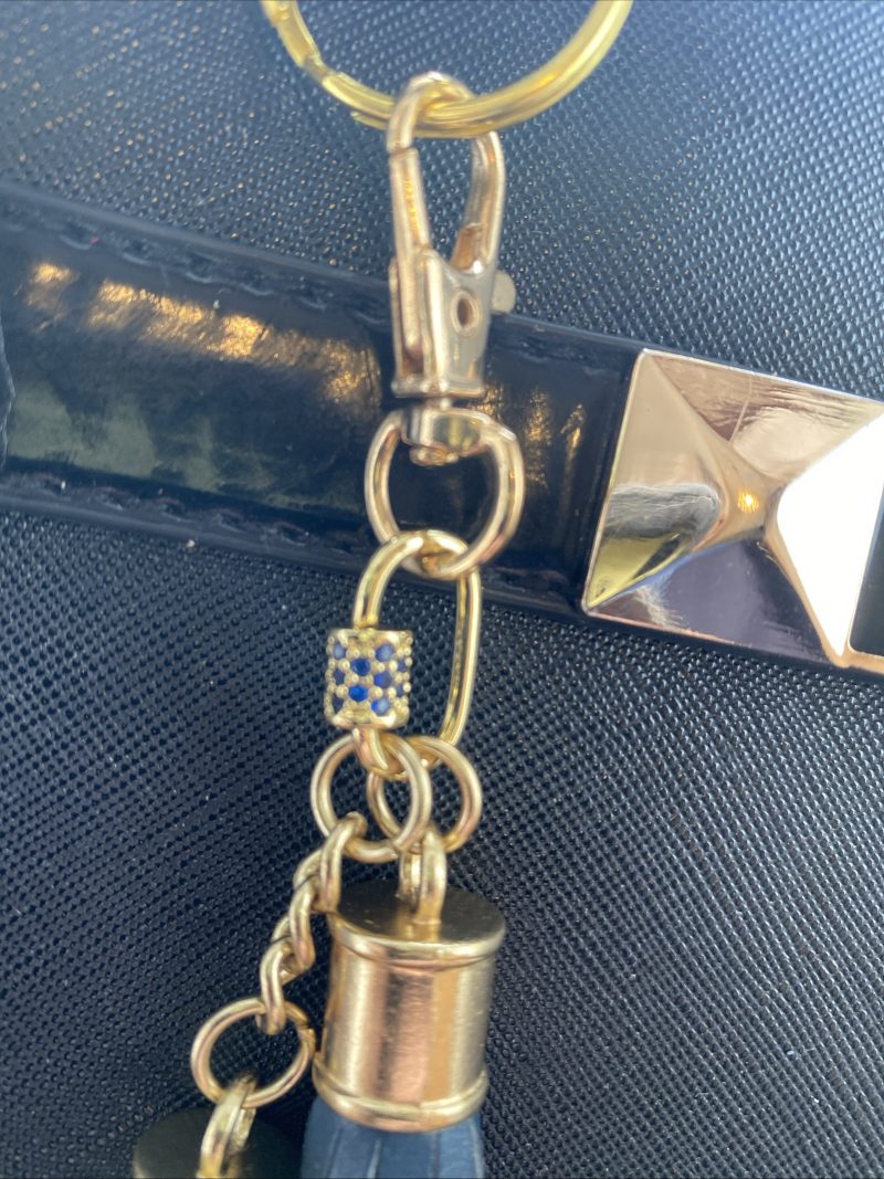 Blue cubic zirconia and blue italian leather and gold bag charm or keyring or bridesmaids favour.