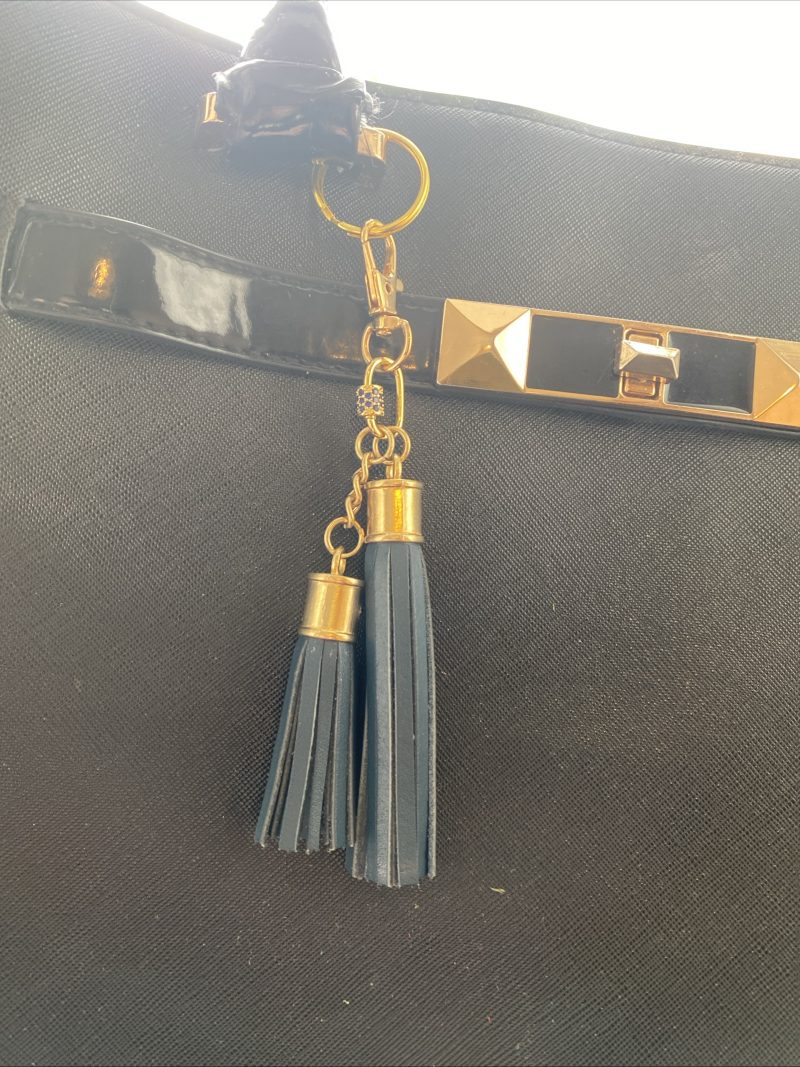 Blue cubic zirconia and blue italian leather and gold bag charm or keyring or bridesmaids favour.