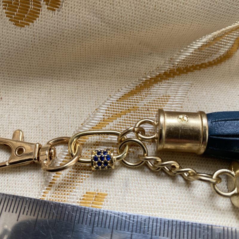Blue cubic zirconia and blue italian leather and gold bag charm or keyring or bridesmaids favour.