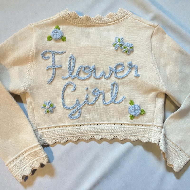 Hand embroidered, personalised Flower Girl cardigan