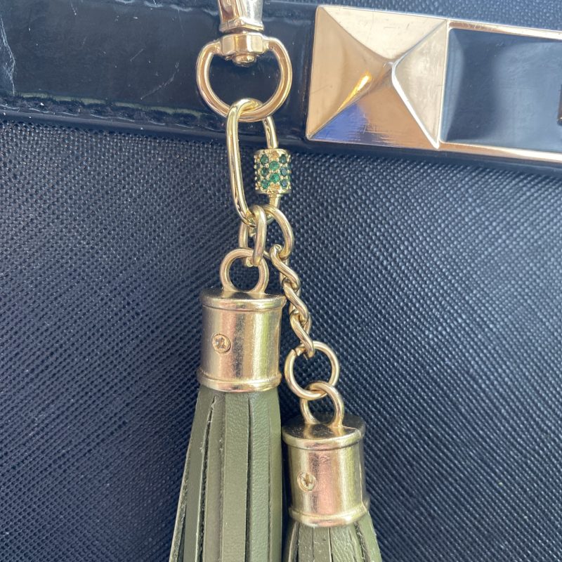 Absolutely stunning green bag charm or keyring brass and cubic zaconia imbelishment