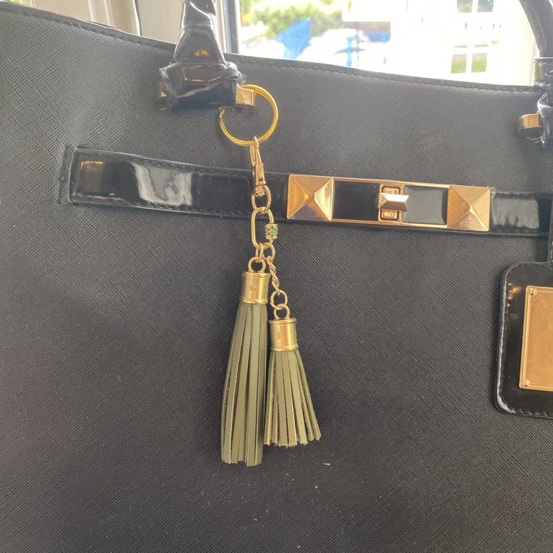 Absolutely stunning green bag charm or keyring brass and cubic zaconia imbelishment