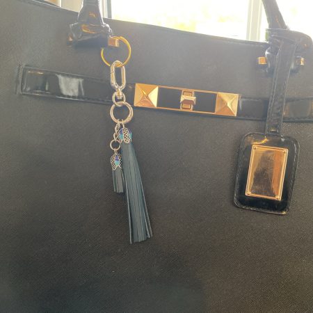 Bag Charm/ tassel italian leather with beautiful tibetan silver and enamel topper