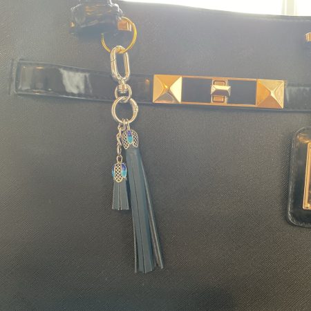 Bag Charm/ tassel italian leather with beautiful tibetan silver and enamel topper