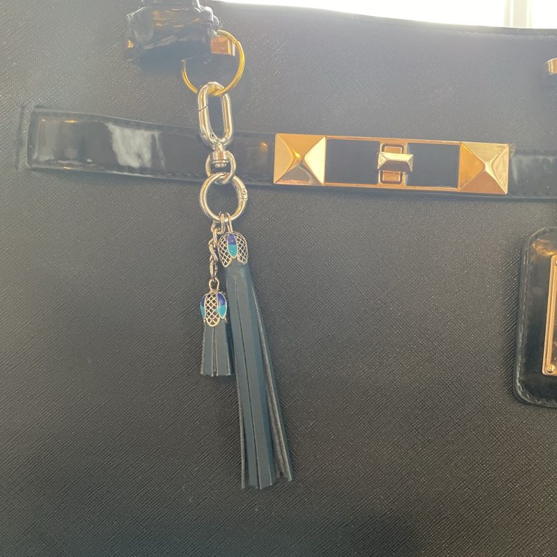 Bag Charm/ tassel italian leather with beautiful tibetan silver and enamel topper