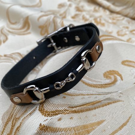 Black and brown leather snaffle dog collar