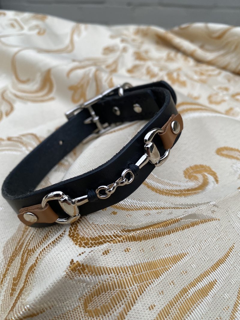 Black and brown leather snaffle dog collar