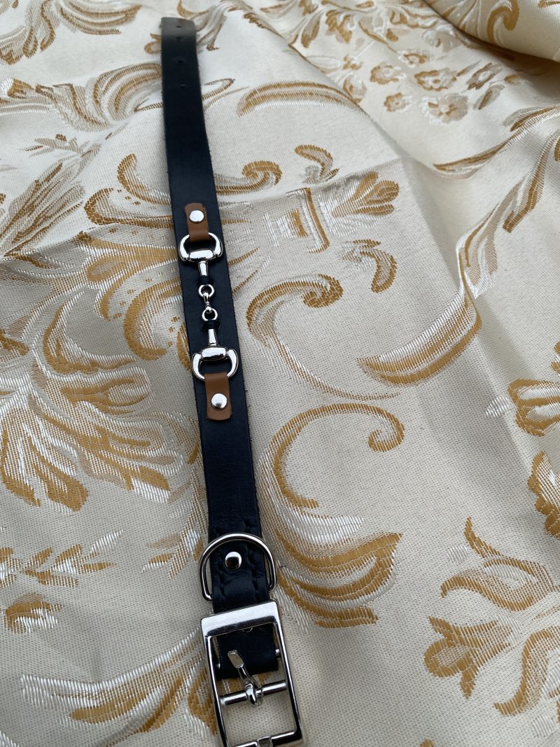 Black and brown leather snaffle dog collar