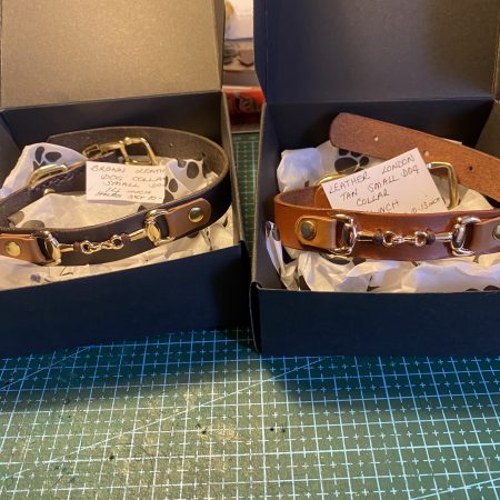 Black and brown leather snaffle dog collar