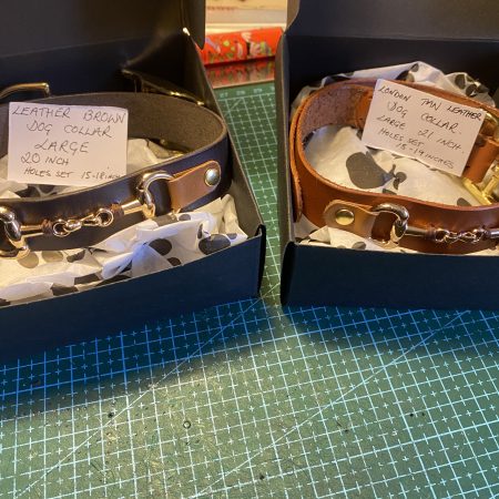 Black and brown leather snaffle dog collar