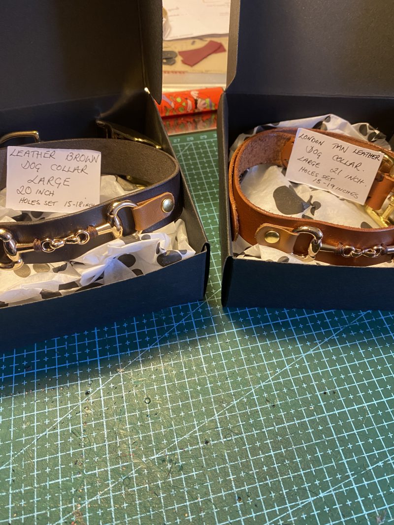Black and brown leather snaffle dog collar