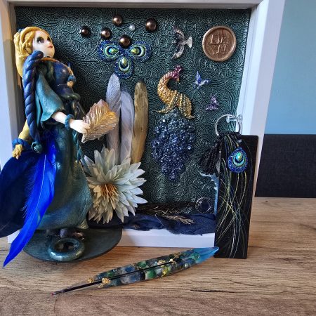 Emeraldire - Guardian of the peacock handmade clay model in a frame with resin pen and wooden bookmark set