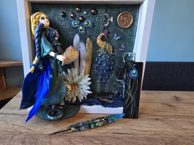 Emeraldire - Guardian of the peacock handmade clay model in a frame with resin pen and wooden bookmark set