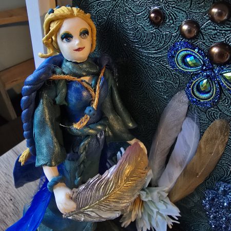 Emeraldire - Guardian of the peacock handmade clay model in a frame with resin pen and wooden bookmark set
