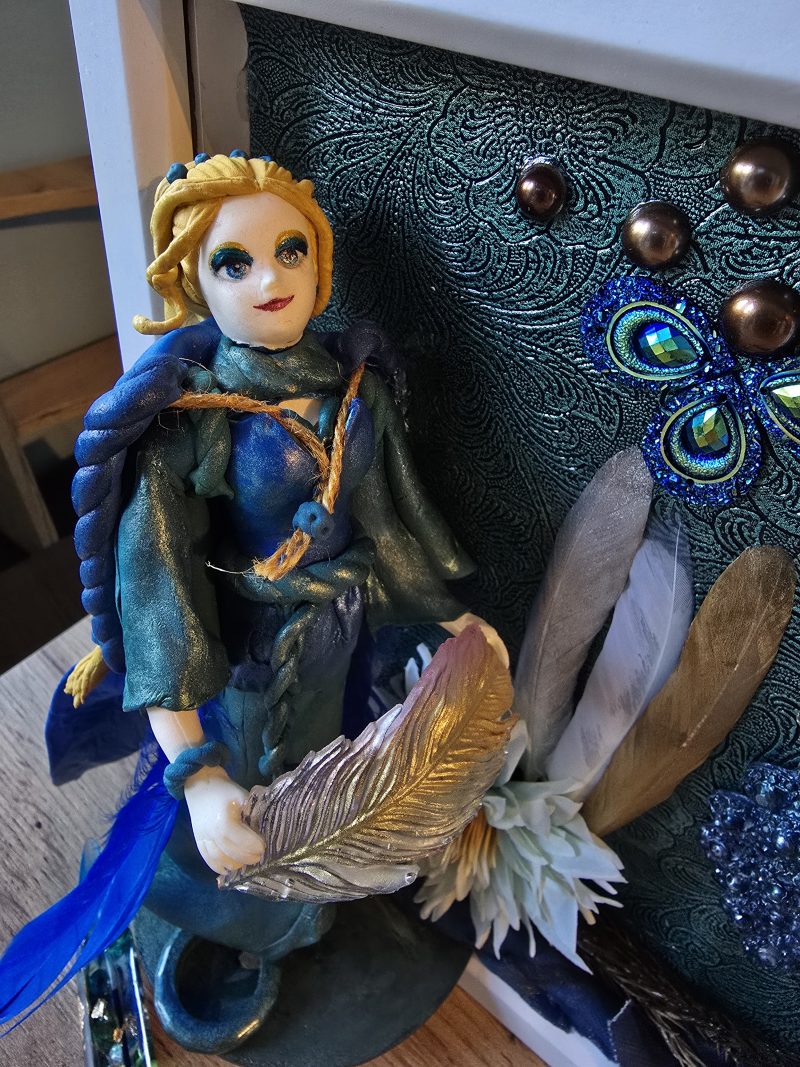 Emeraldire - Guardian of the peacock handmade clay model in a frame with resin pen and wooden bookmark set