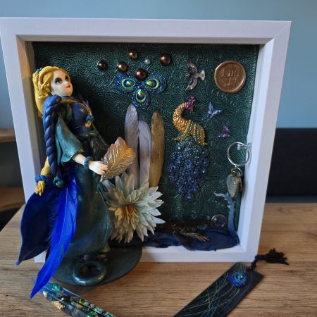 Emeraldire - Guardian of the peacock handmade clay model in a frame with resin pen and wooden bookmark set