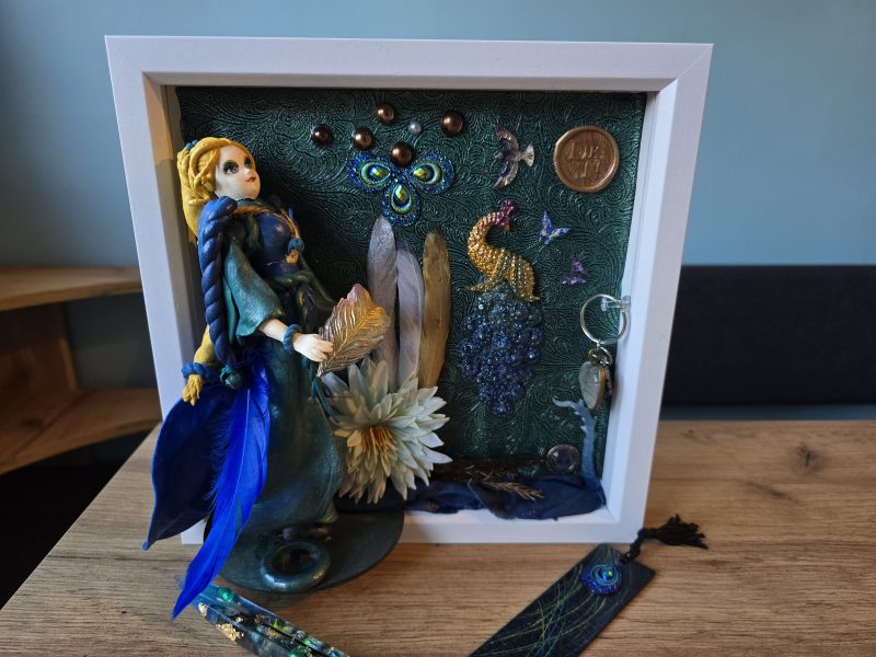 Emeraldire - Guardian of the peacock handmade clay model in a frame with resin pen and wooden bookmark set