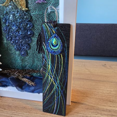 Emeraldire - Guardian of the peacock handmade clay model in a frame with resin pen and wooden bookmark set