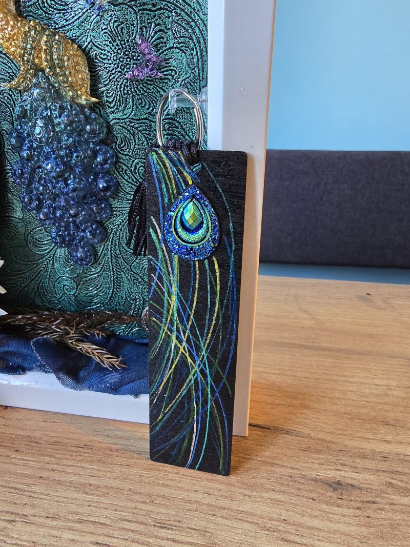 Emeraldire - Guardian of the peacock handmade clay model in a frame with resin pen and wooden bookmark set